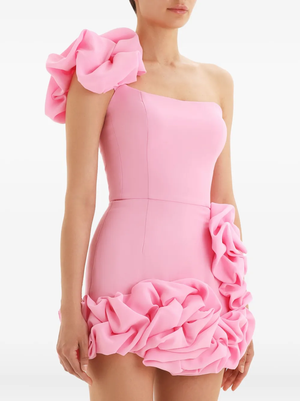 Post Meridiem One-shoulder Ruffled Mini Dress In Pink