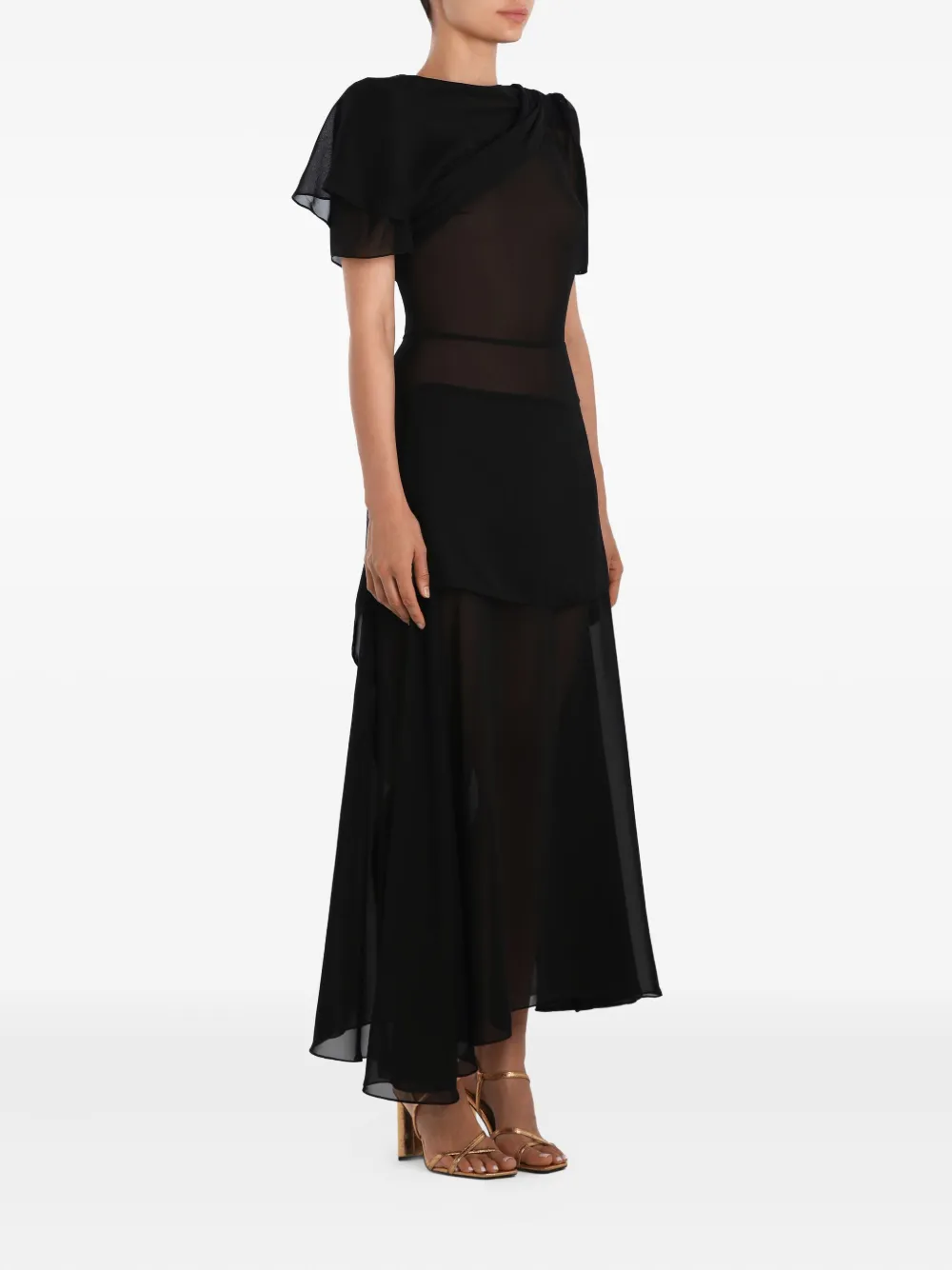Post Meridiem Asymmetrical Draped Midi Dress In Black