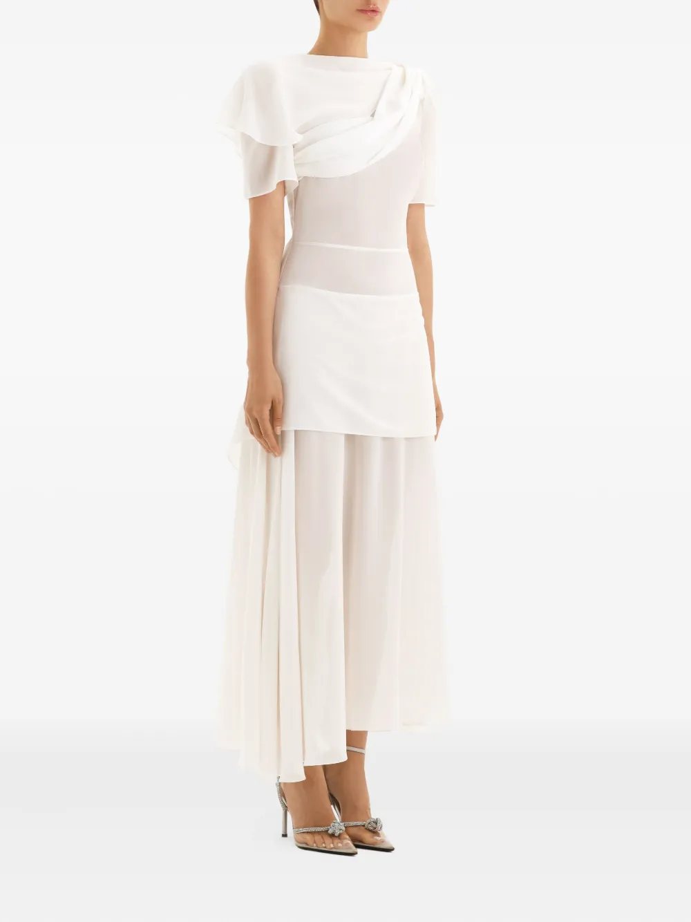 Post Meridiem Asymmetrical Draped Midi Dress In White