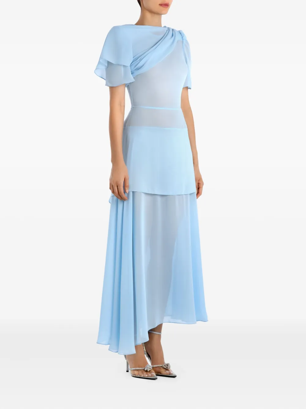 Post Meridiem Asymmetrical Ruffled Midi Dress In Blue