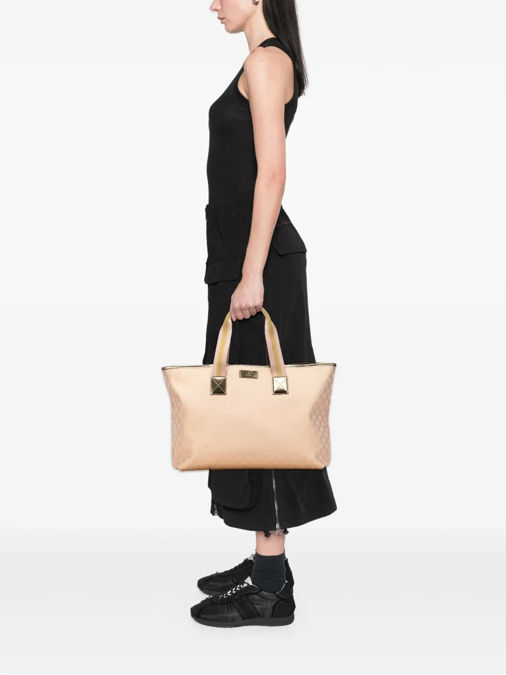 Pre-owned Gucci 2000-2015 Gg Canvas Web Tote Bag In Gold