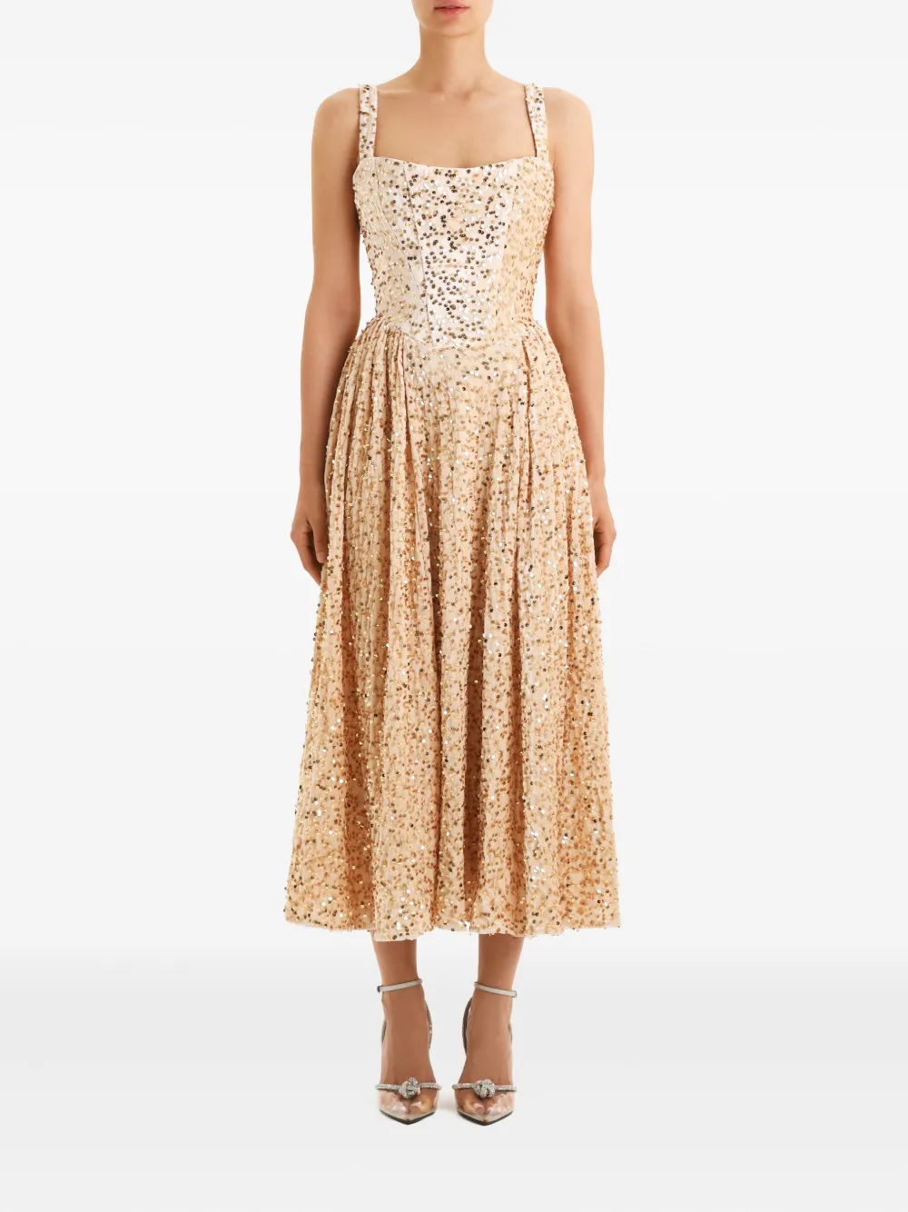 POST MERIDIEM Midi-jurk met pailletten en korset-design - Beige