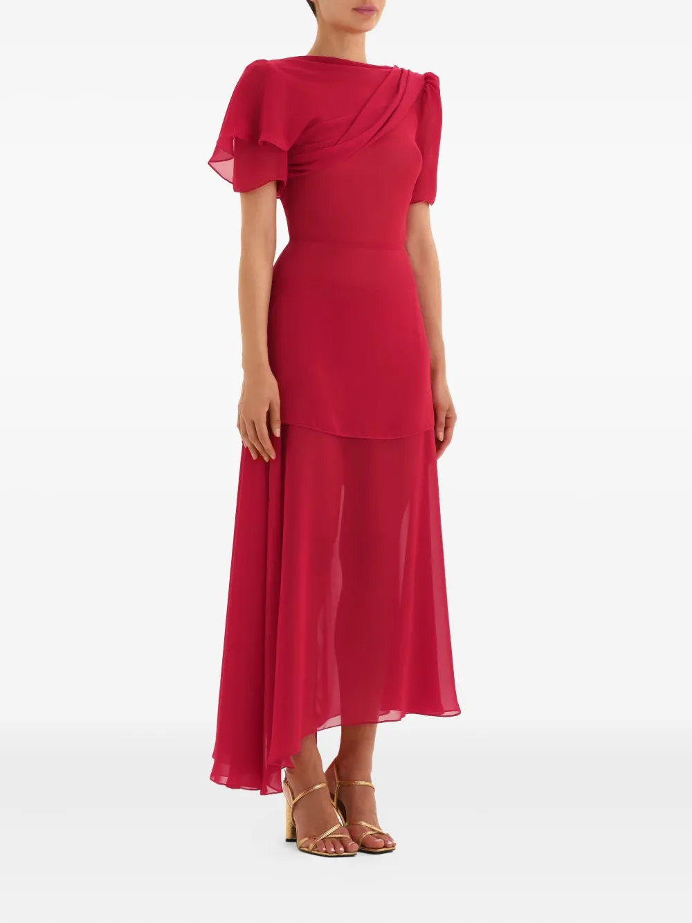 POST MERIDIEM Asymmetrische gedrapeerde midi-jurk Rood