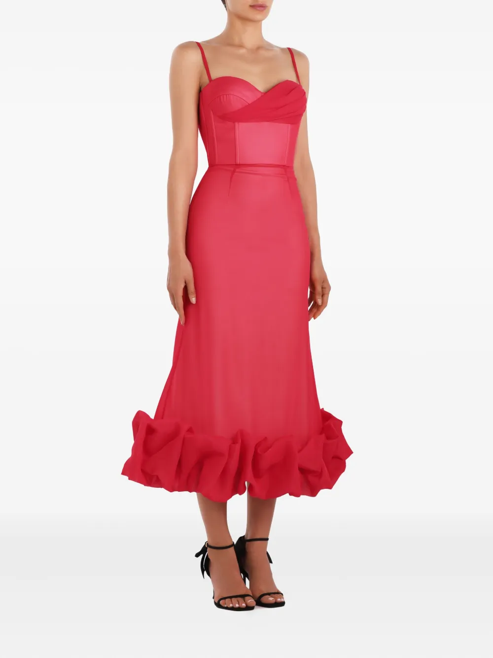  Post Meridiem Draped-bodice Flounced-hem Midi Dress - Red 