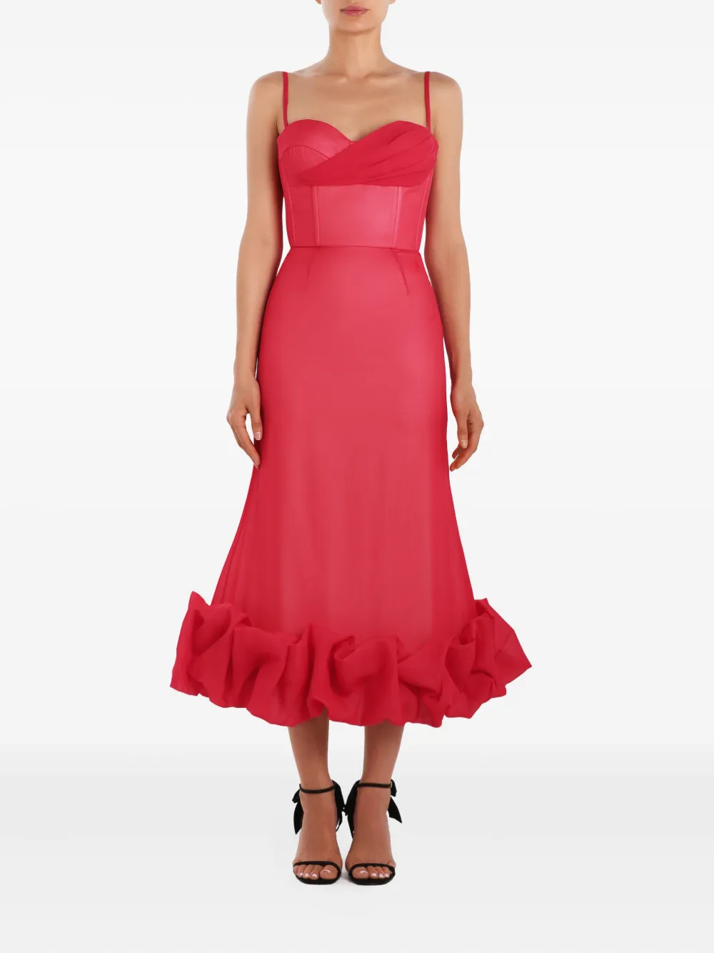  Post Meridiem Draped-bodice Flounced-hem Midi Dress - Red 