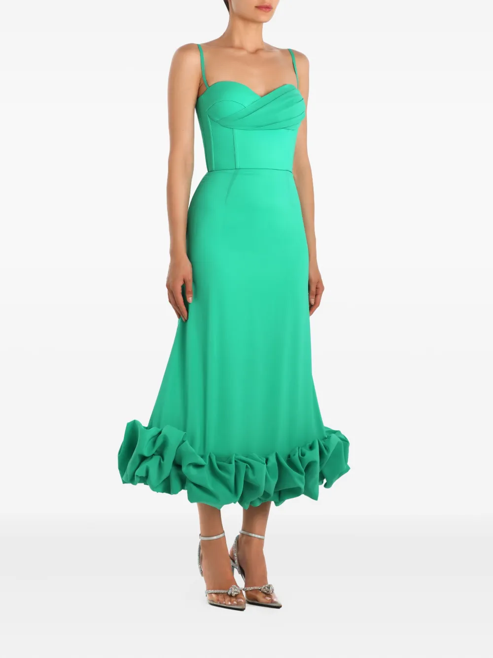 Post Meridiem Draped-bodice Flounced-hem Midi Dress In Green