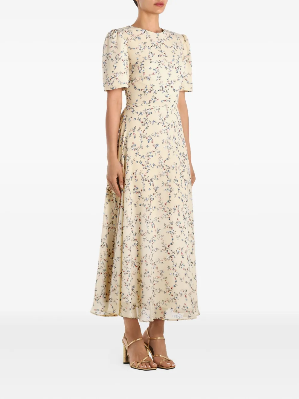 Post Meridiem Puff-sleeve Floral Midi Dress In Neutral