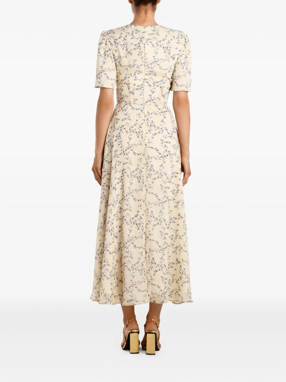 Post Meridiem Puff-sleeve Floral Midi Dress In Neutral