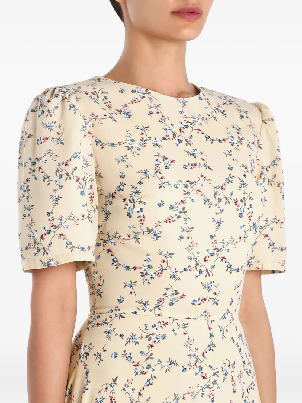 Post Meridiem Puff-sleeve Floral Midi Dress In Neutral