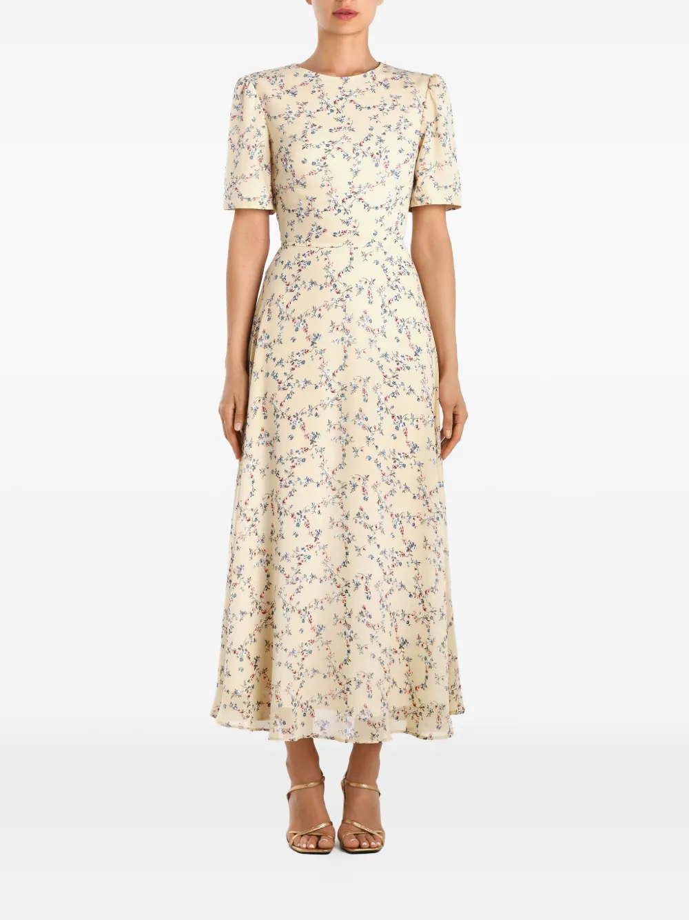 POST MERIDIEM Midi-jurk met pofmouwen en bloemenprint - Beige