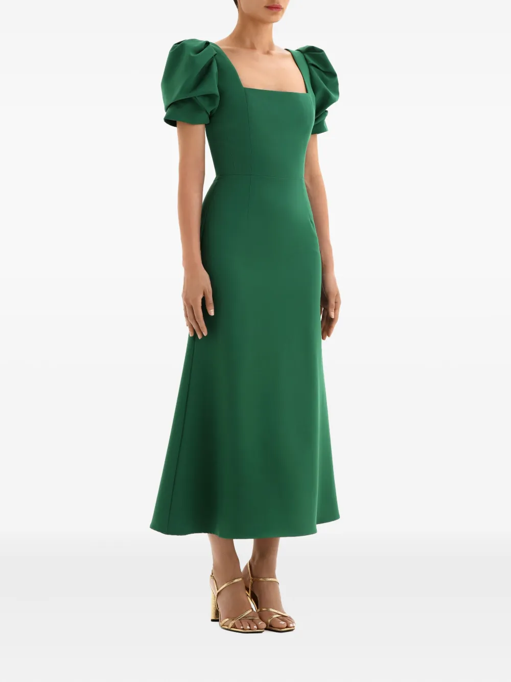 Post Meridiem Puff-sleeve Square-neck Midi Dress In Green