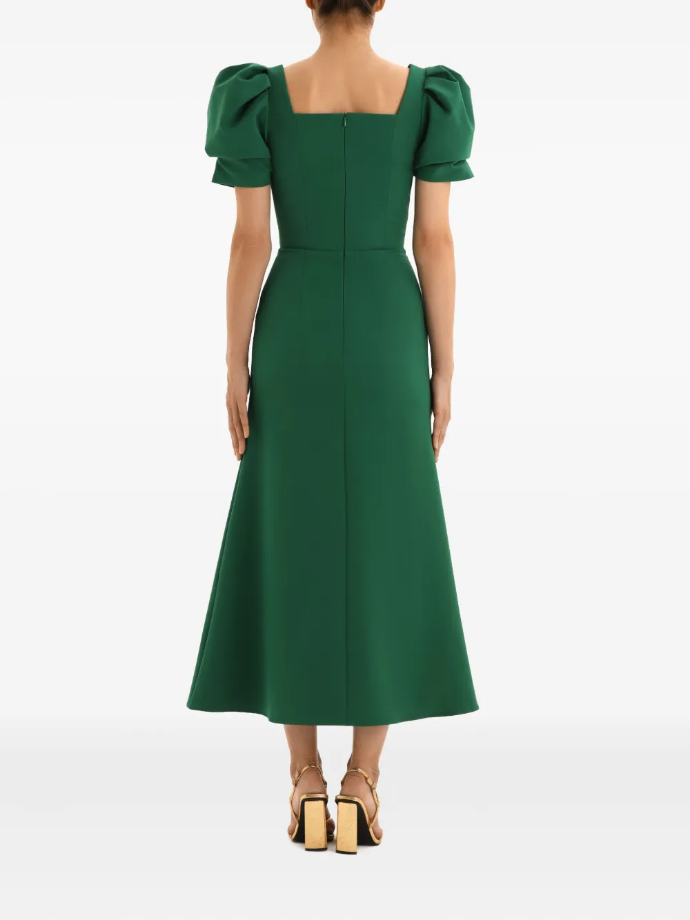 Post Meridiem Puff-sleeve Square-neck Midi Dress In Green