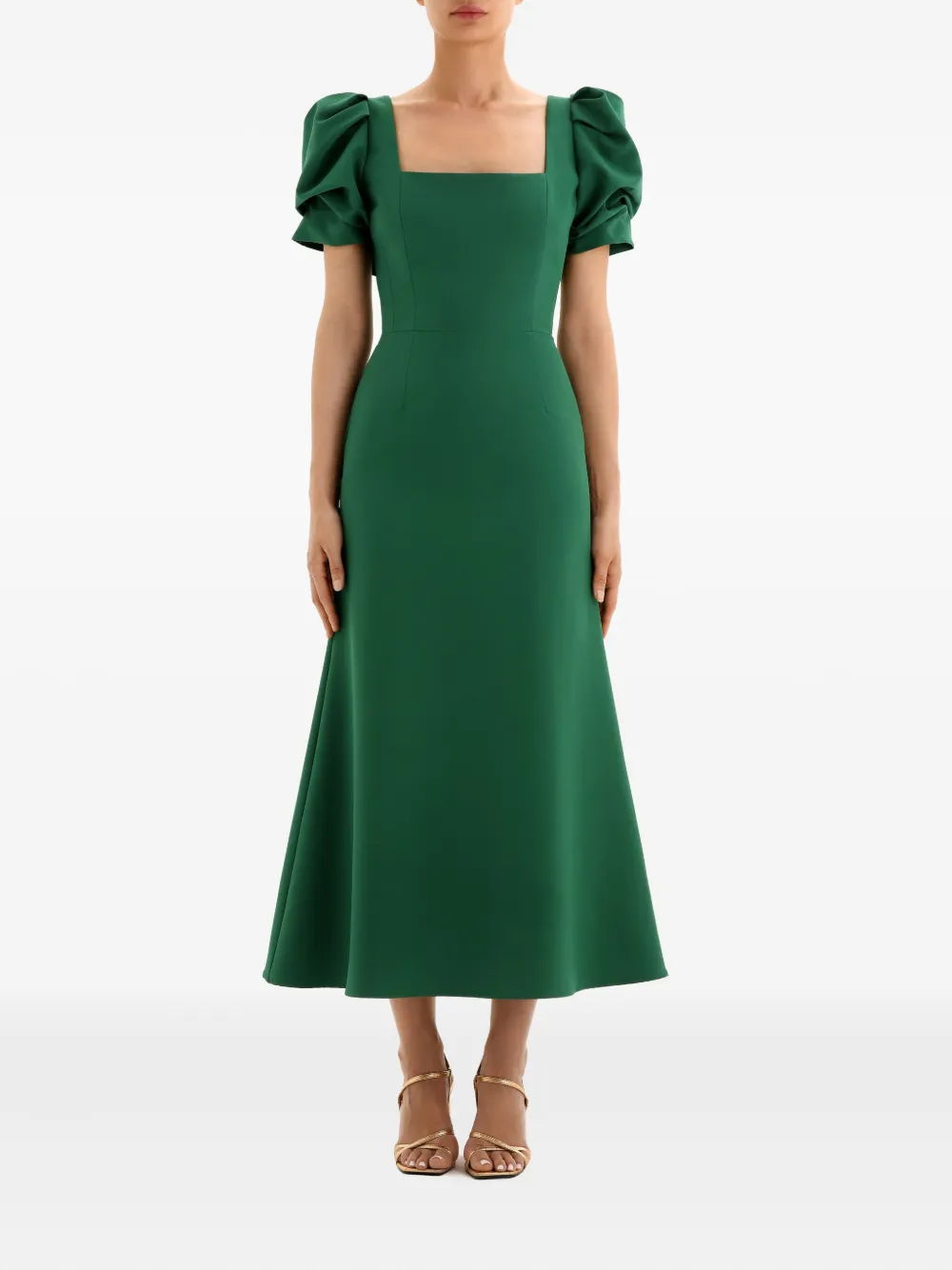 POST MERIDIEM Midi-jurk met pofmouwen en vierkante hals - Groen