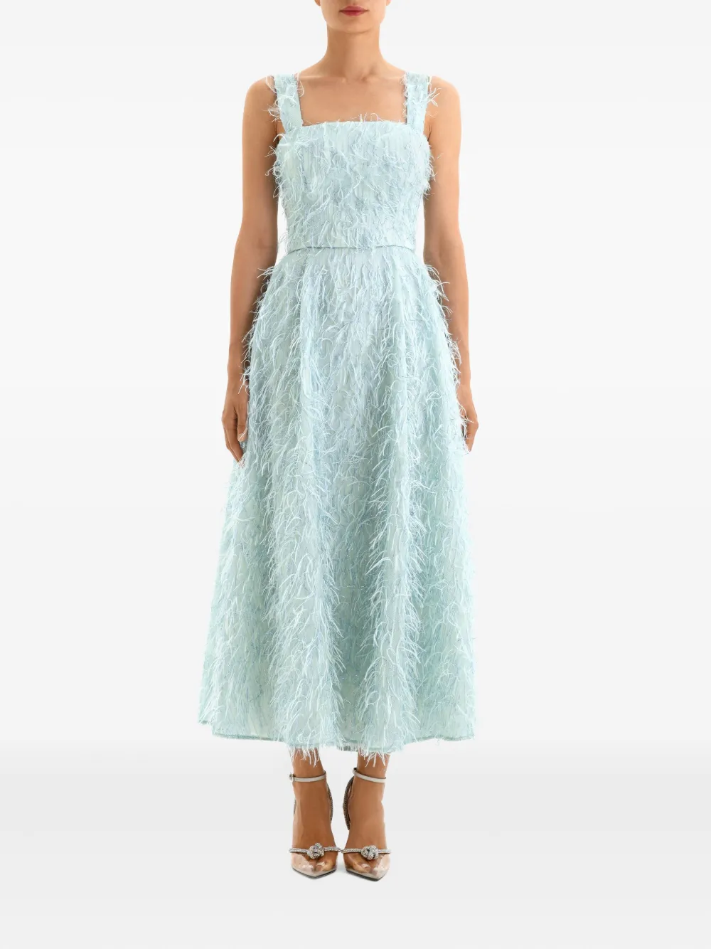 POST MERIDIEM Maxi-jurk met korset-design en verfraaid met veren - Blauw