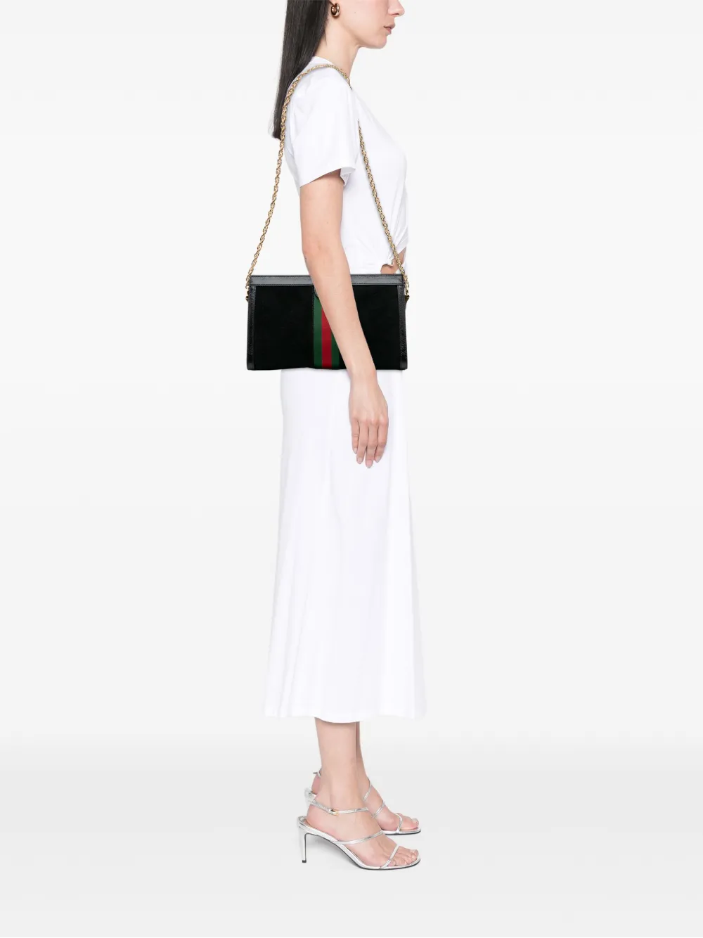 Pre-owned Gucci 2016-2025 Medium Suede Ophidia Web Chain Shoulder Bag In Black