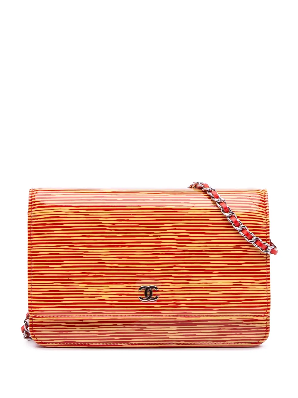 CHANEL Pre-Owned 2013-2014 Patent Striped Wallet On Chain crossbody bag | Orange | Image 1