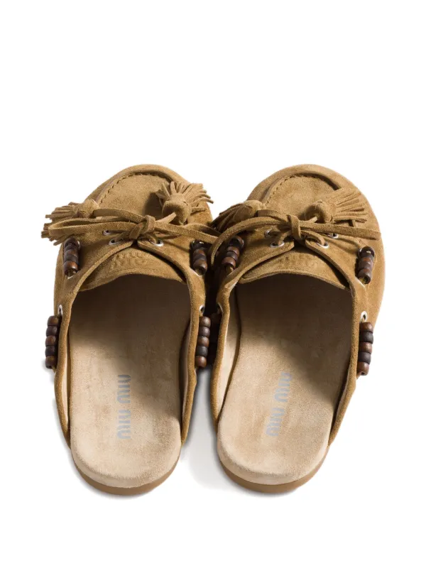 Miu Miu Beaded Tassel Flat Mules | Brown | FARFETCH