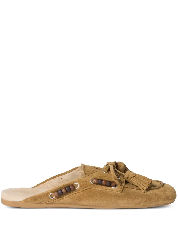 Miu Miu Beaded Tassel Flat Mules | Brown | FARFETCH