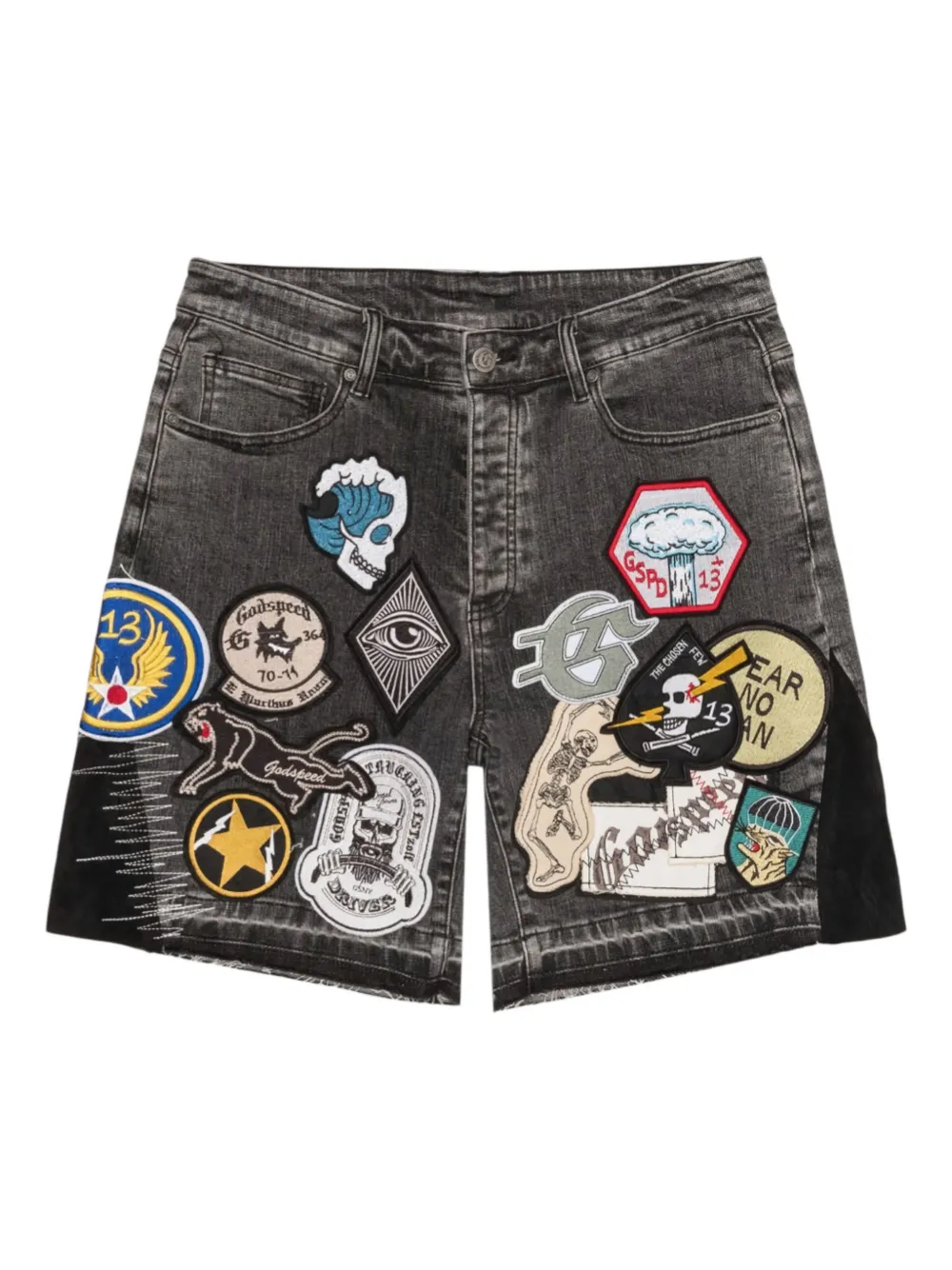GODSPEED V2 patchwork denim shorts - Grau