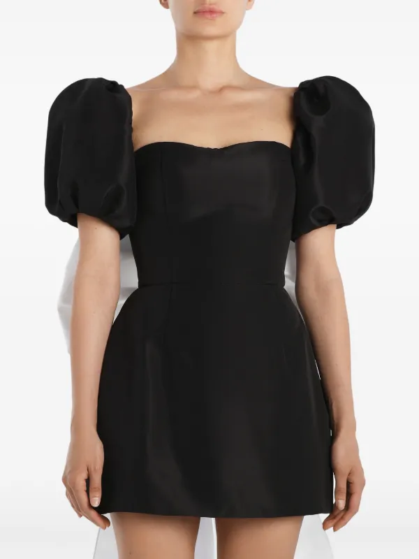 black puff mini dress Black Floral Jacquard Puff Sleeve Dress - Mini Dresses