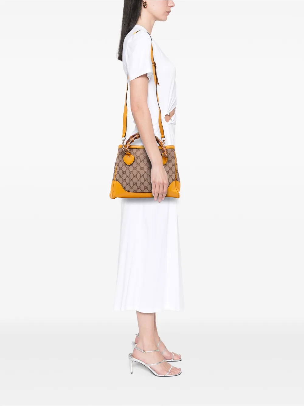 Pre-owned Gucci 2016-2025 Small Gg Canvas Diana Bamboo Top Handle Tote Satchel In Yellow