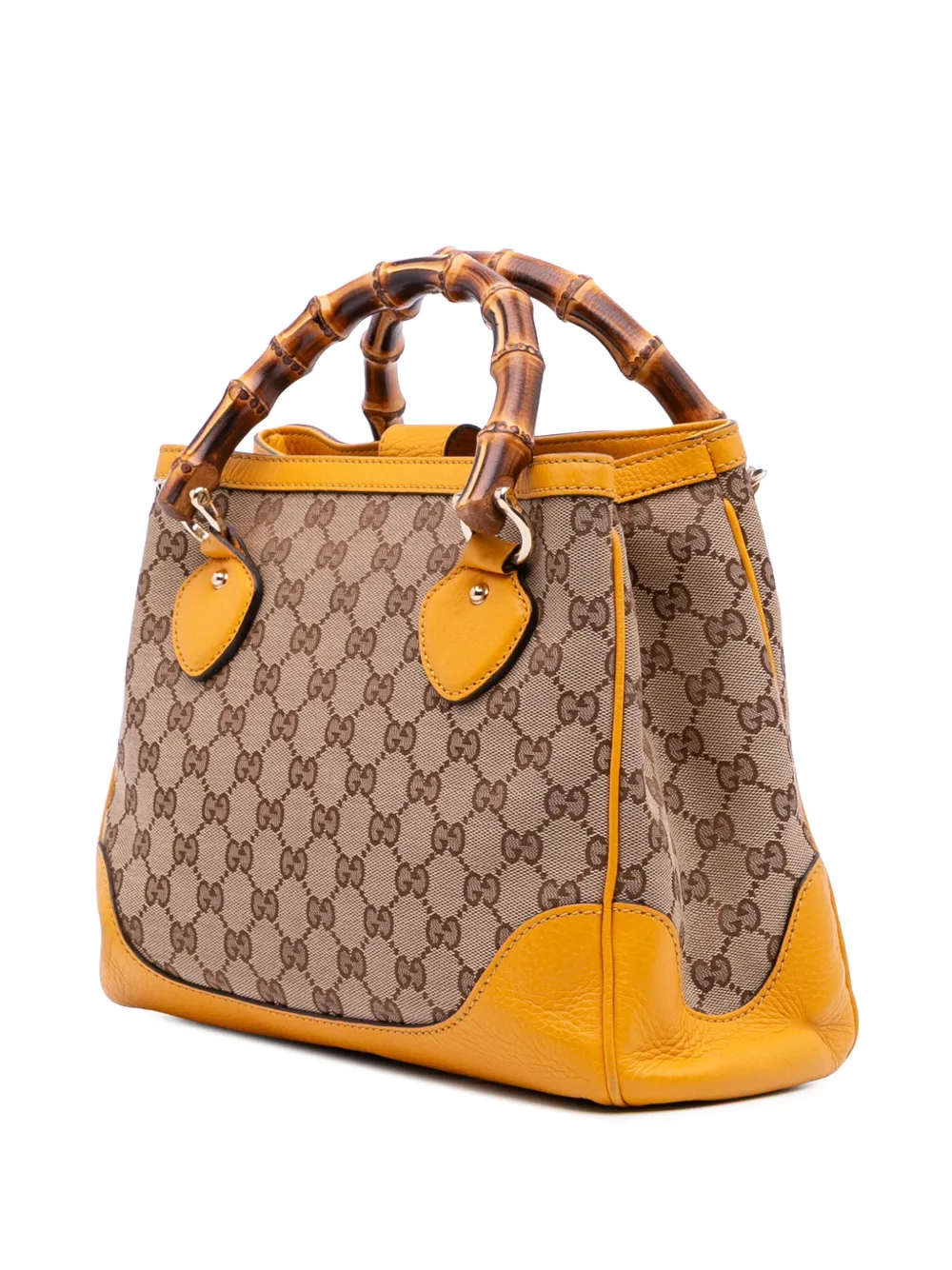 Pre-owned Gucci 2016-2025 Small Gg Canvas Diana Bamboo Top Handle Tote Satchel In Yellow
