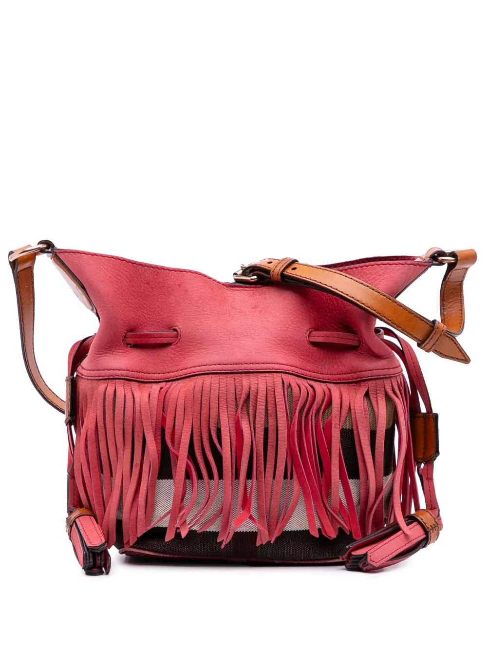Burberry Pre-Owned 2000-2017 Small Mega Check Canvas and Suede Fringe Belgrove bucket bag | Brown | Image 1