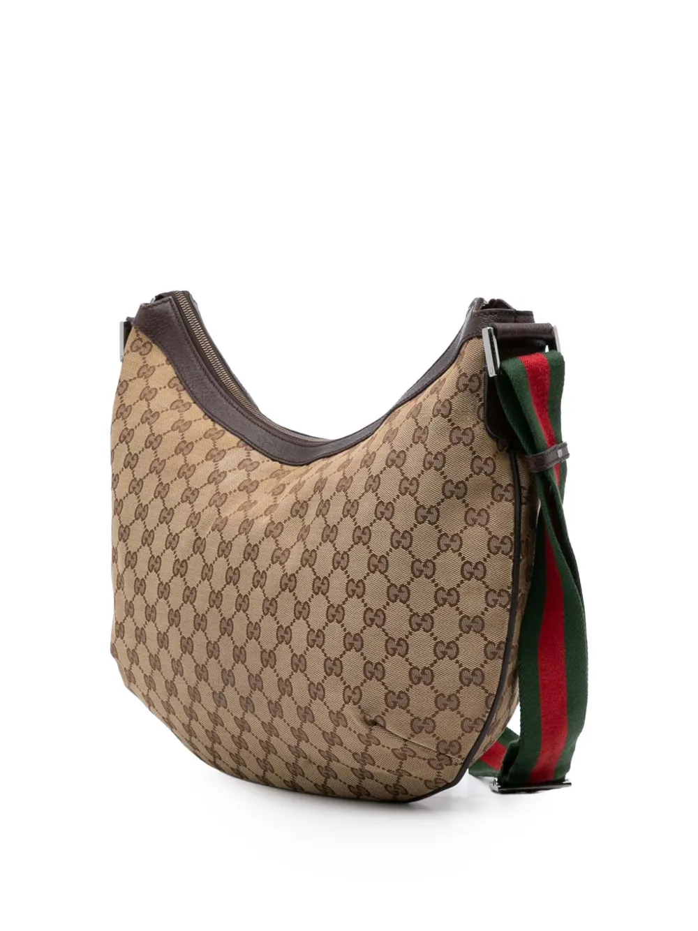 Pre-owned Gucci 2016-2025 Medium Gg Canvas Web Half Moon Crossbody Bag In Brown
