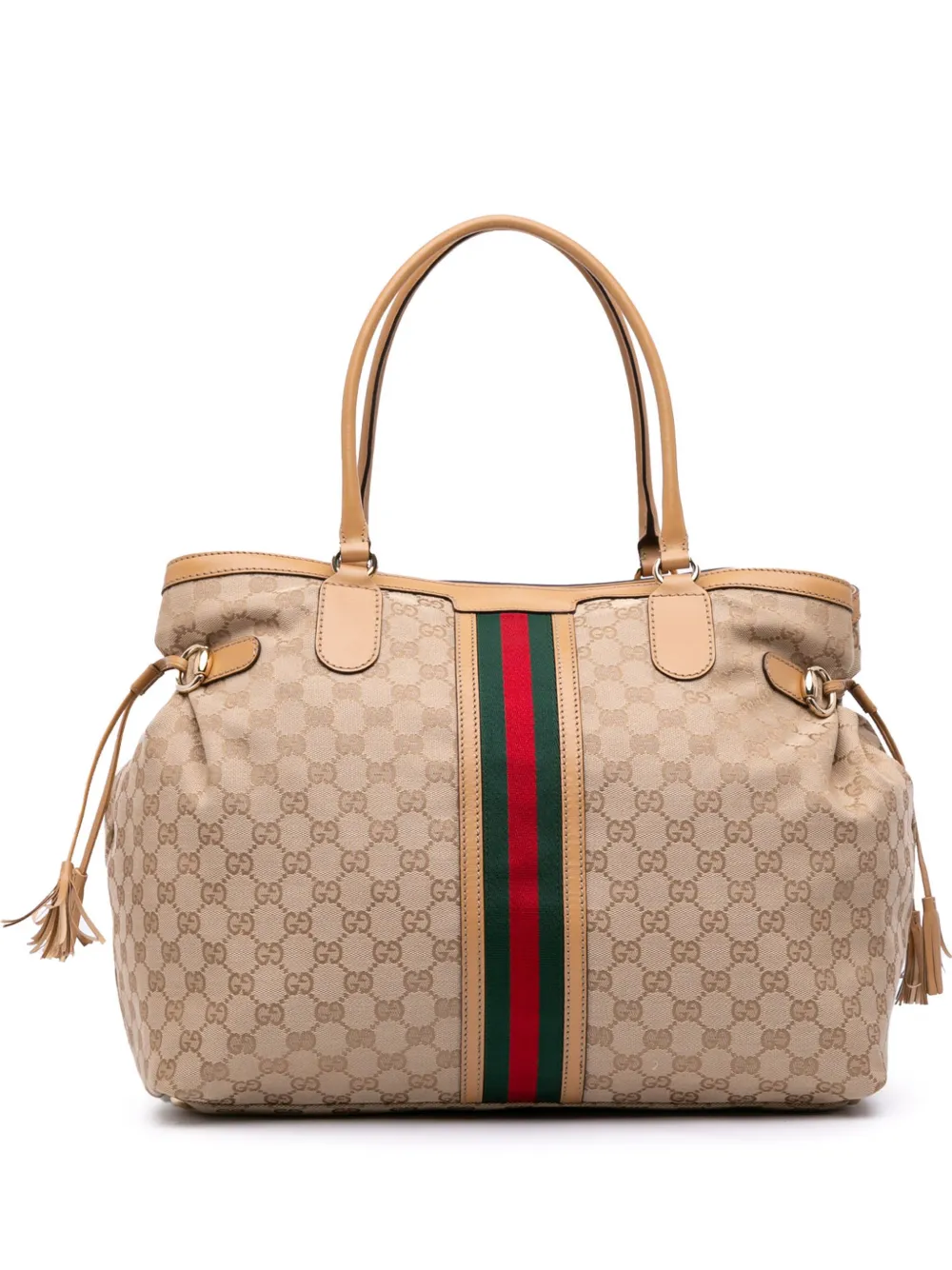 Pre-owned Gucci 2016-2025 Gg Canvas Web Tassel Tote Bag In Brown