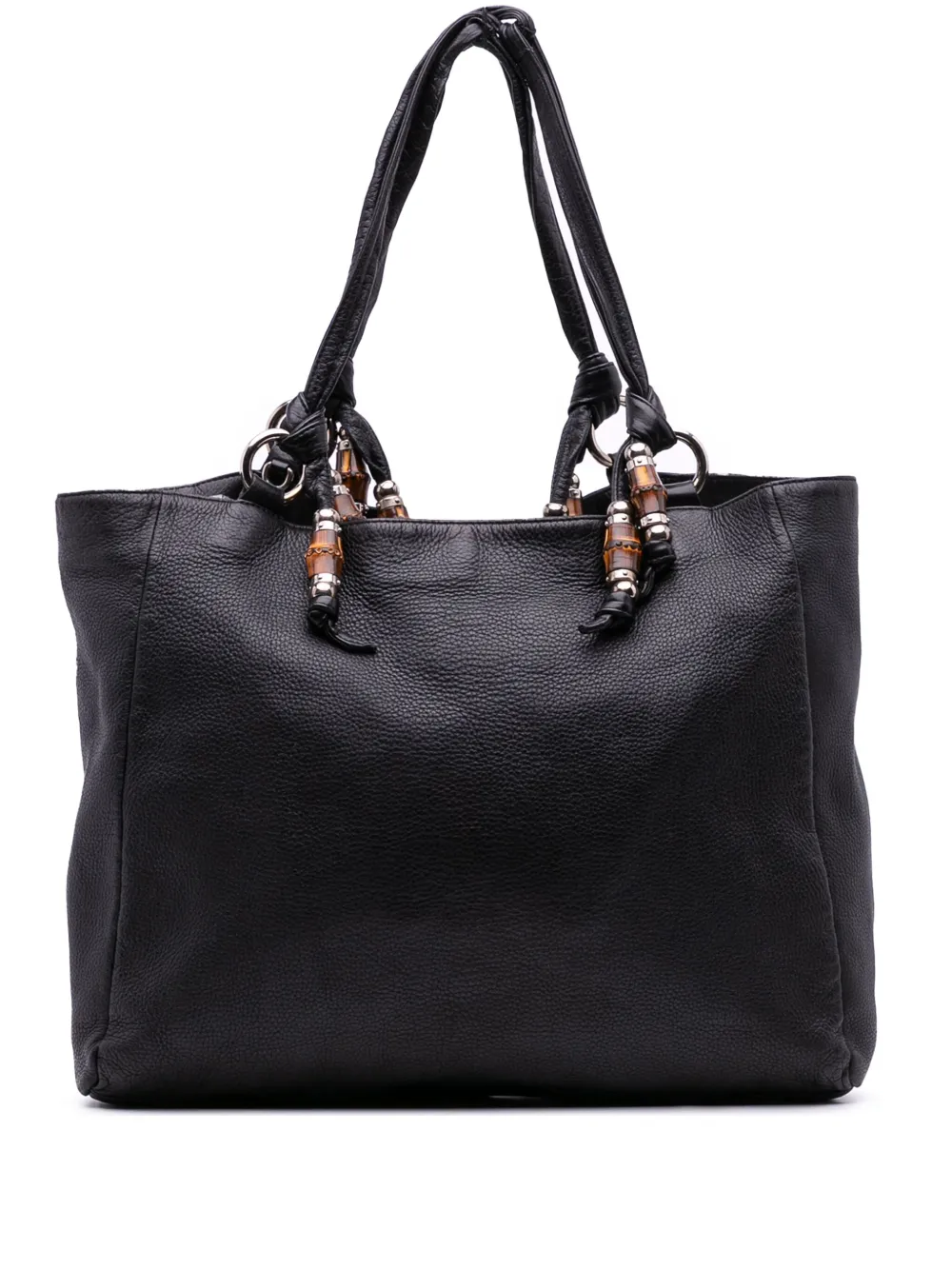 Pre-owned Gucci 2016-2025 Large Pebbled Calfskin Bamboo Jungle Convertible Tote Satchel In Black