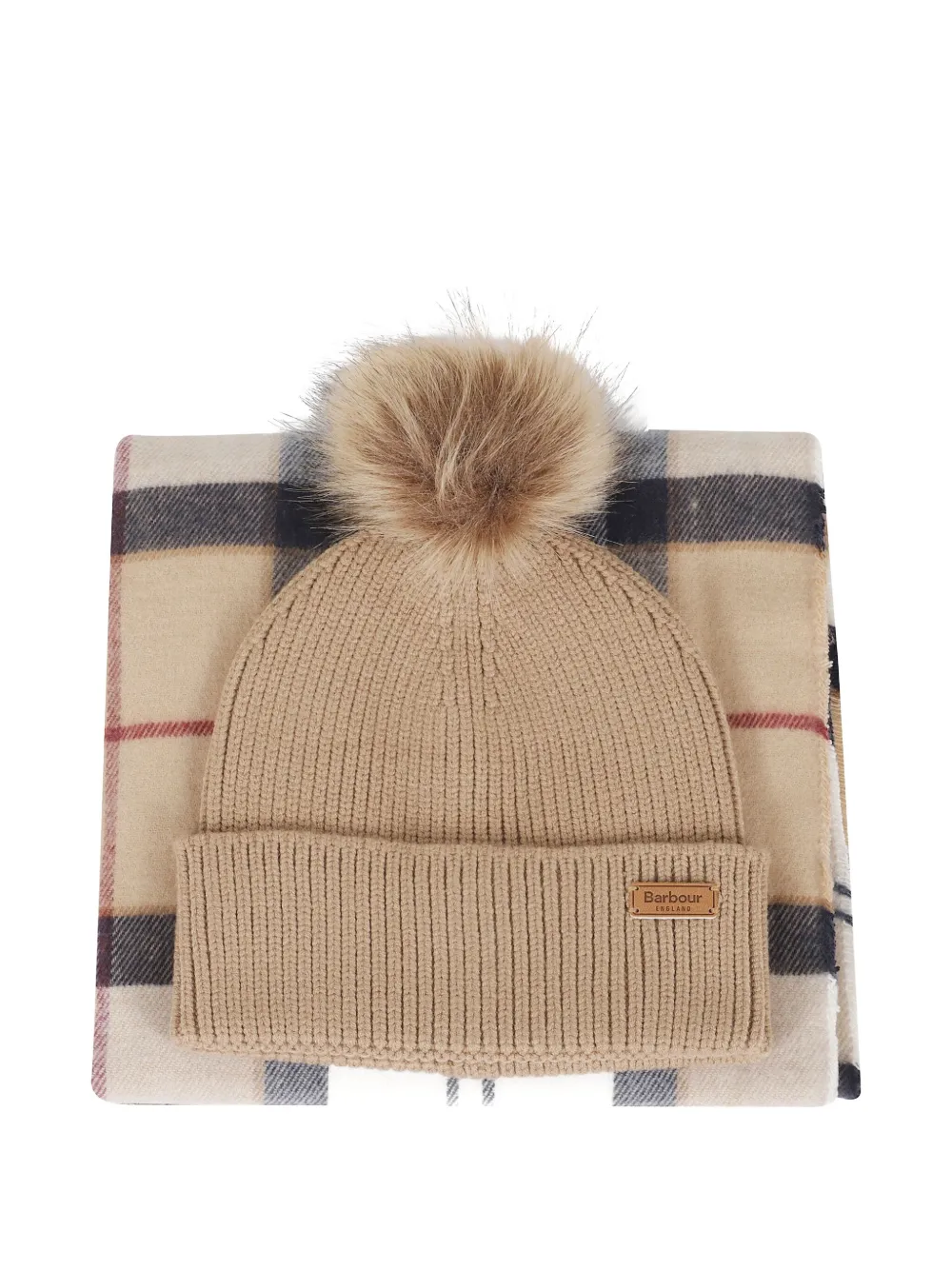 Barbour Pompom-detail Beanie-scarf Set In Neutral