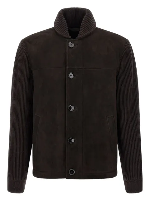 Brioni ribbed-sleeve suede bomber jacket