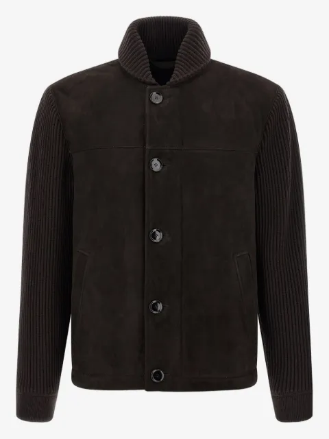 Brioni ribbed-sleeve suede bomber jacket