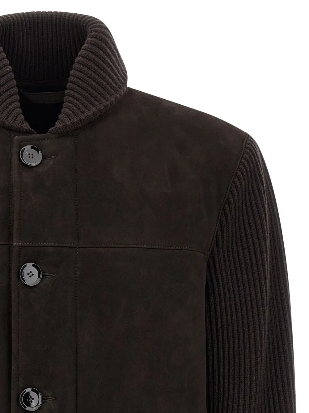 Brioni Ribbed-sleeve Suede Bomber Jacket In Brown