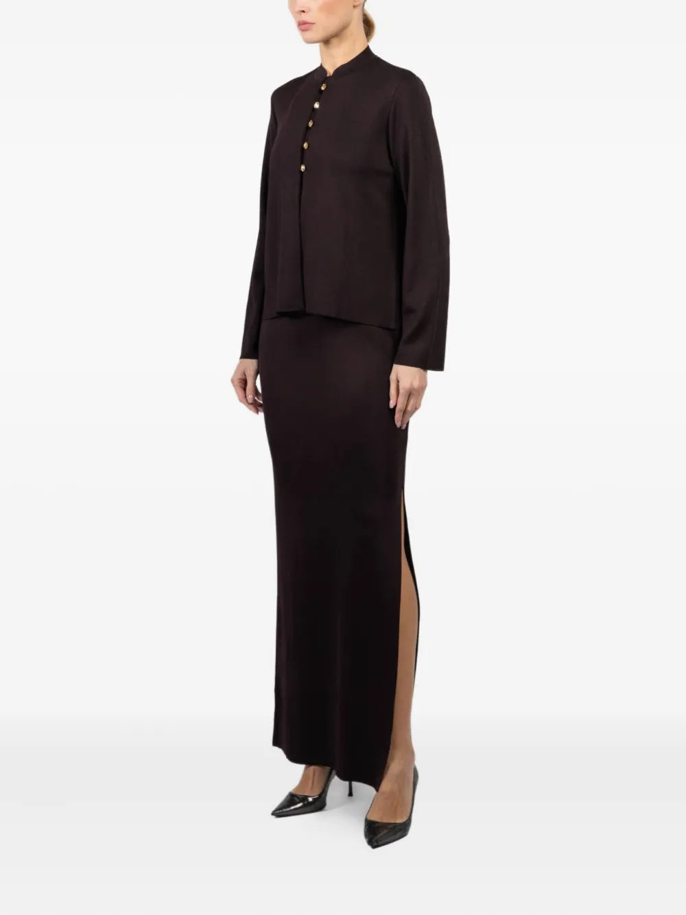  La Galpa Mandarin-collar Crystal-button Top - Brown 