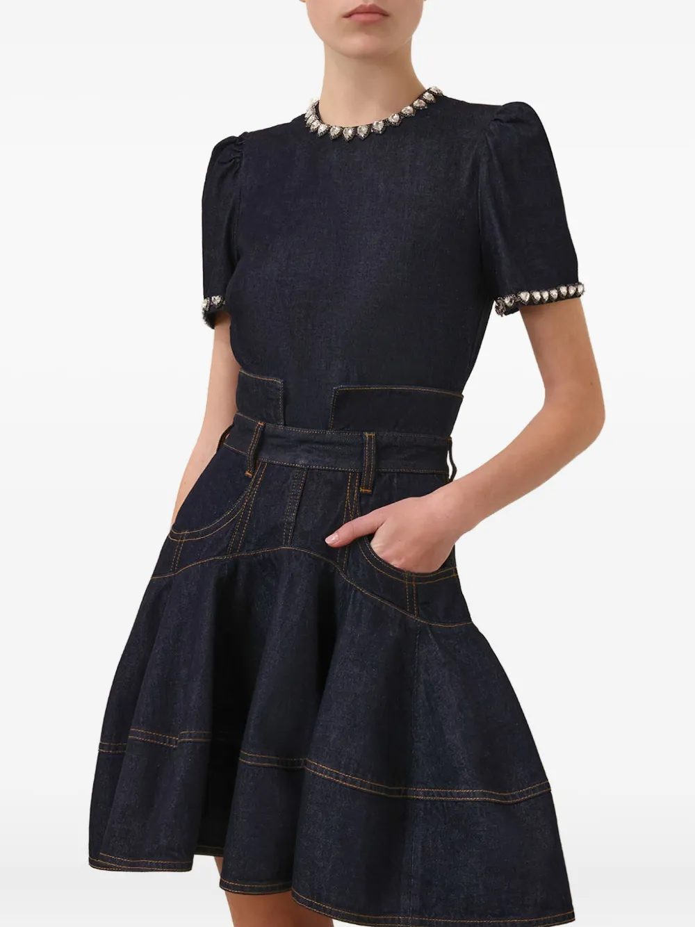 Zimmermann Embellished Denim Top In Night Sky In Black