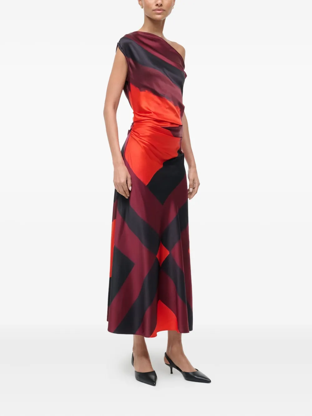 Staud Phare One-shoulder Midi Dress In Multi