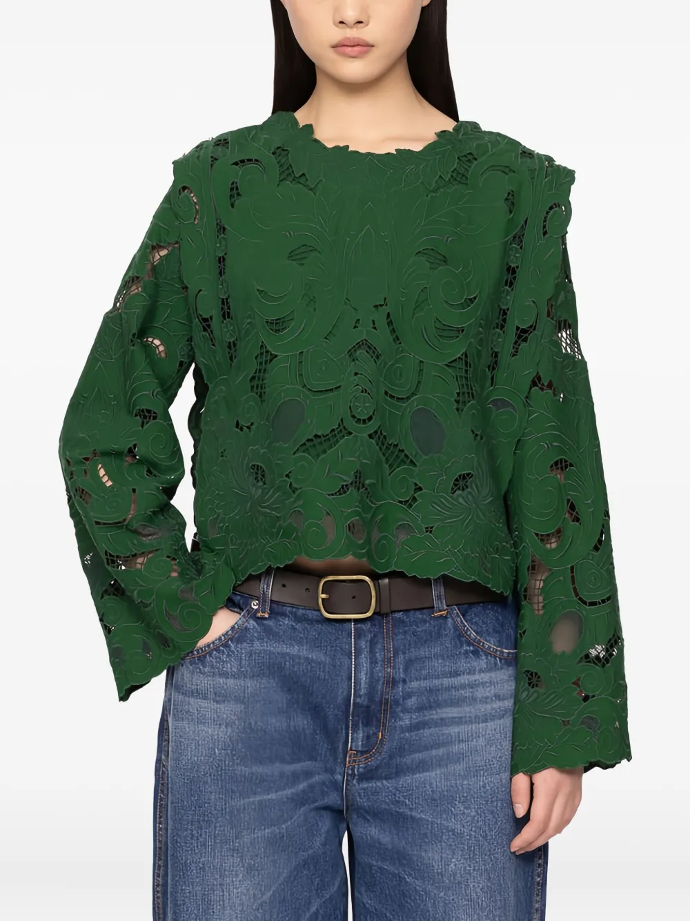 Sea Ceci Open-work Long-sleeve Blouse In Green