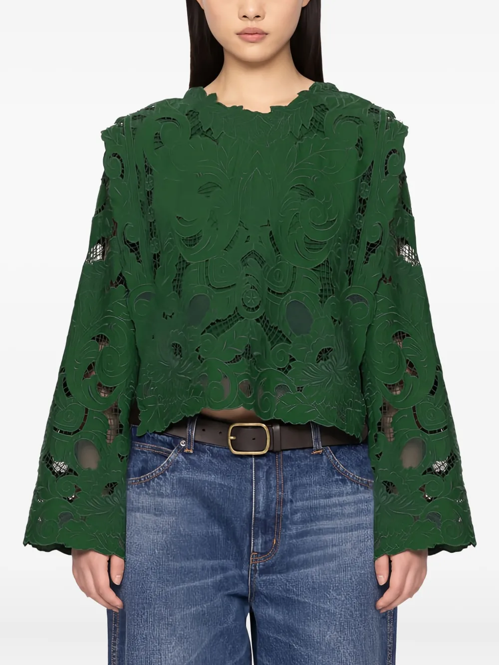 Sea Ceci Open-work Long-sleeve Blouse In Green