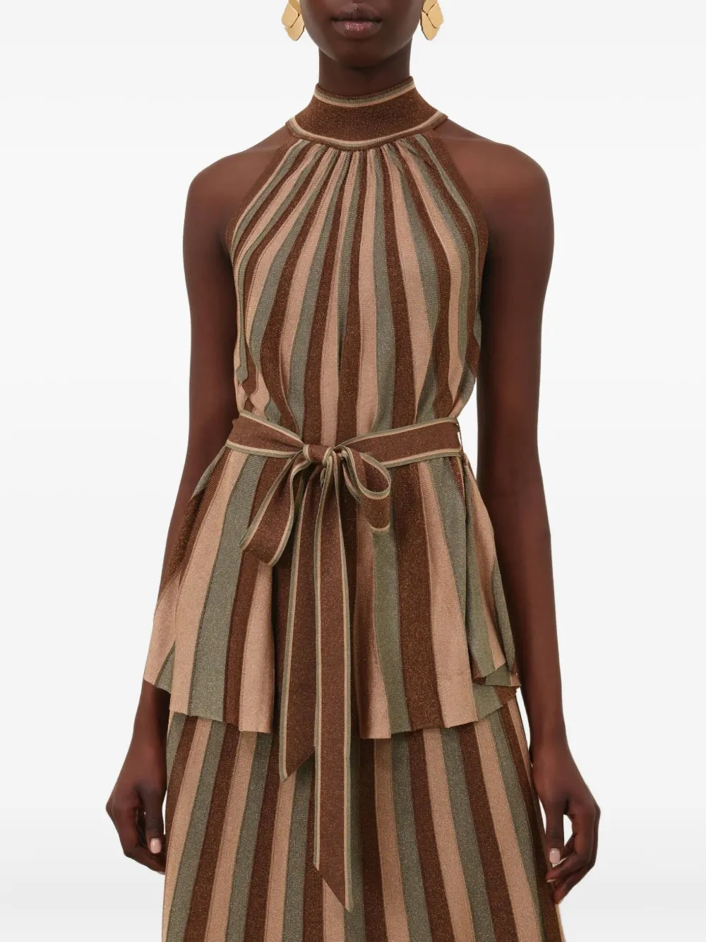 Zimmermann Hypnotic Halter Top Metallic Green Stripe In Brown