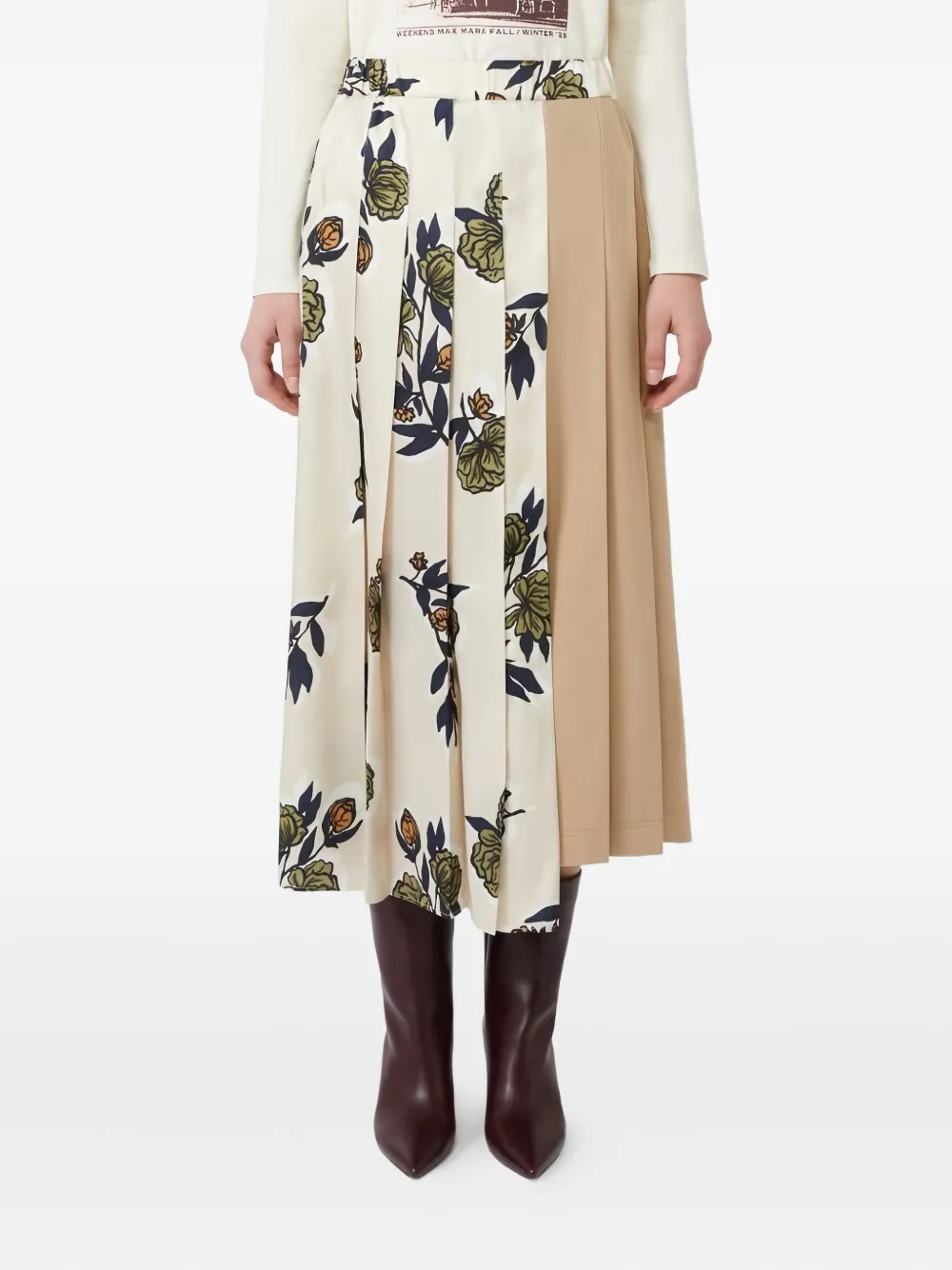 Weekend Max Mara Omens Beige Etra Pleated Woven Midi Skirt In Neutral