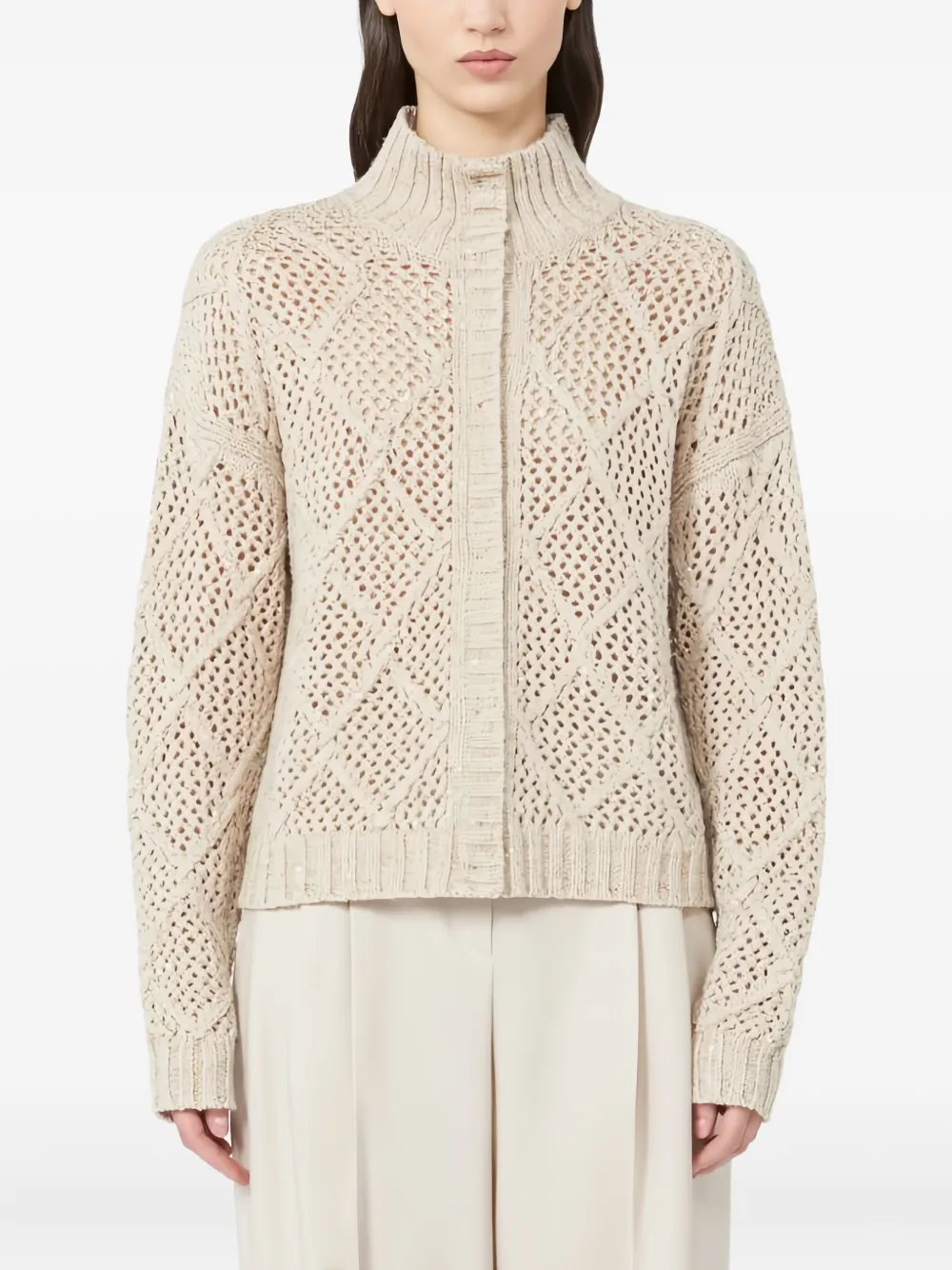 Max Mara Ghinea Diamond-pattern High-neck Cardigan In Neutral