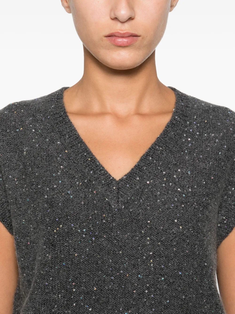 Marella Sequin-embellished V-neck Knitted Top In Gray