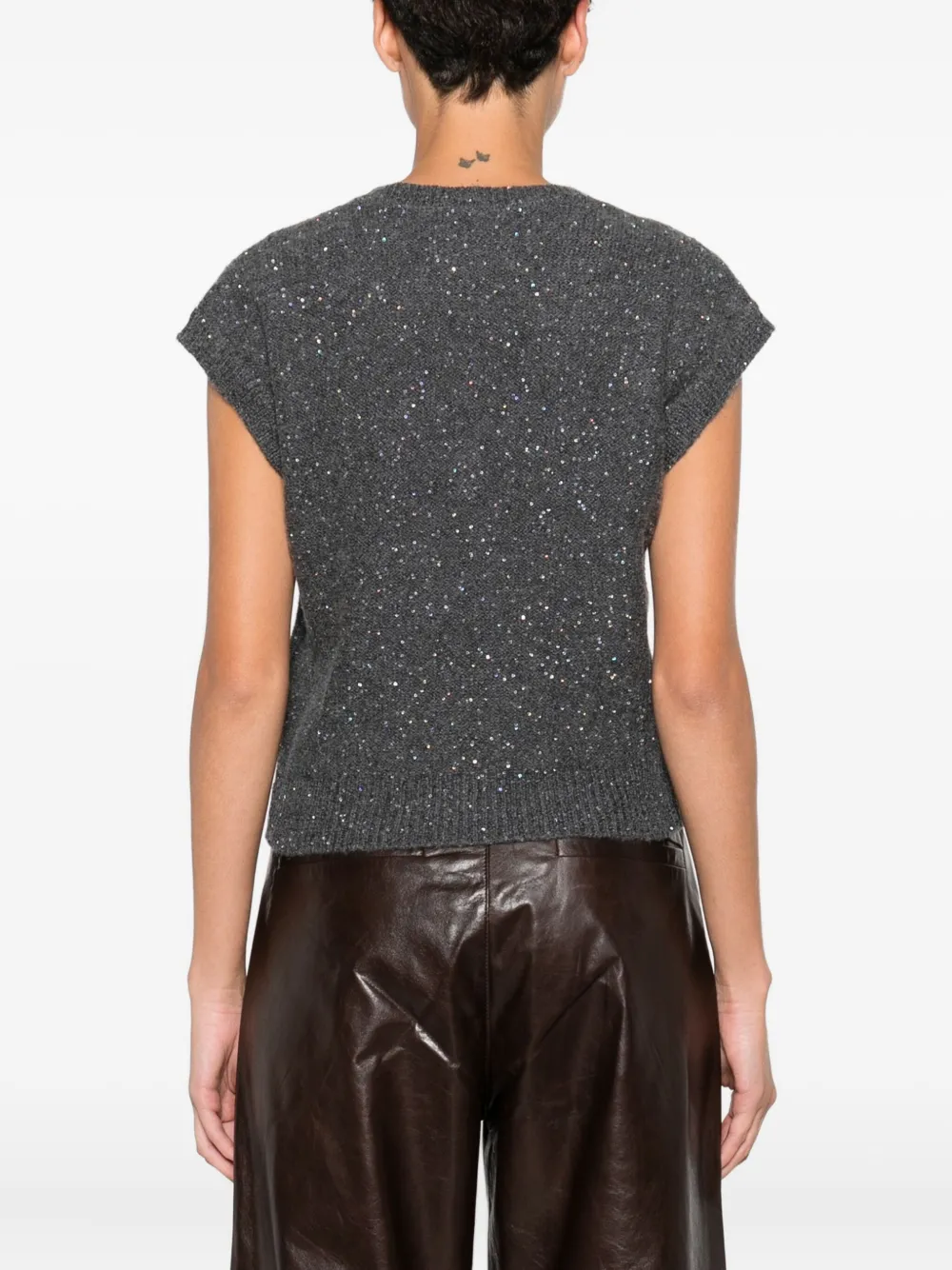 Marella Sequin-embellished V-neck Knitted Top In Gray