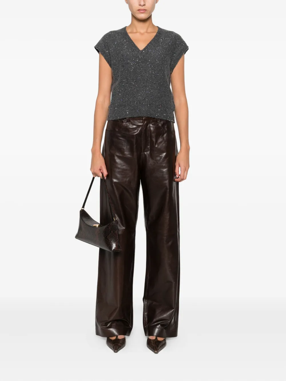 Marella Sequin-embellished V-neck Knitted Top In Gray