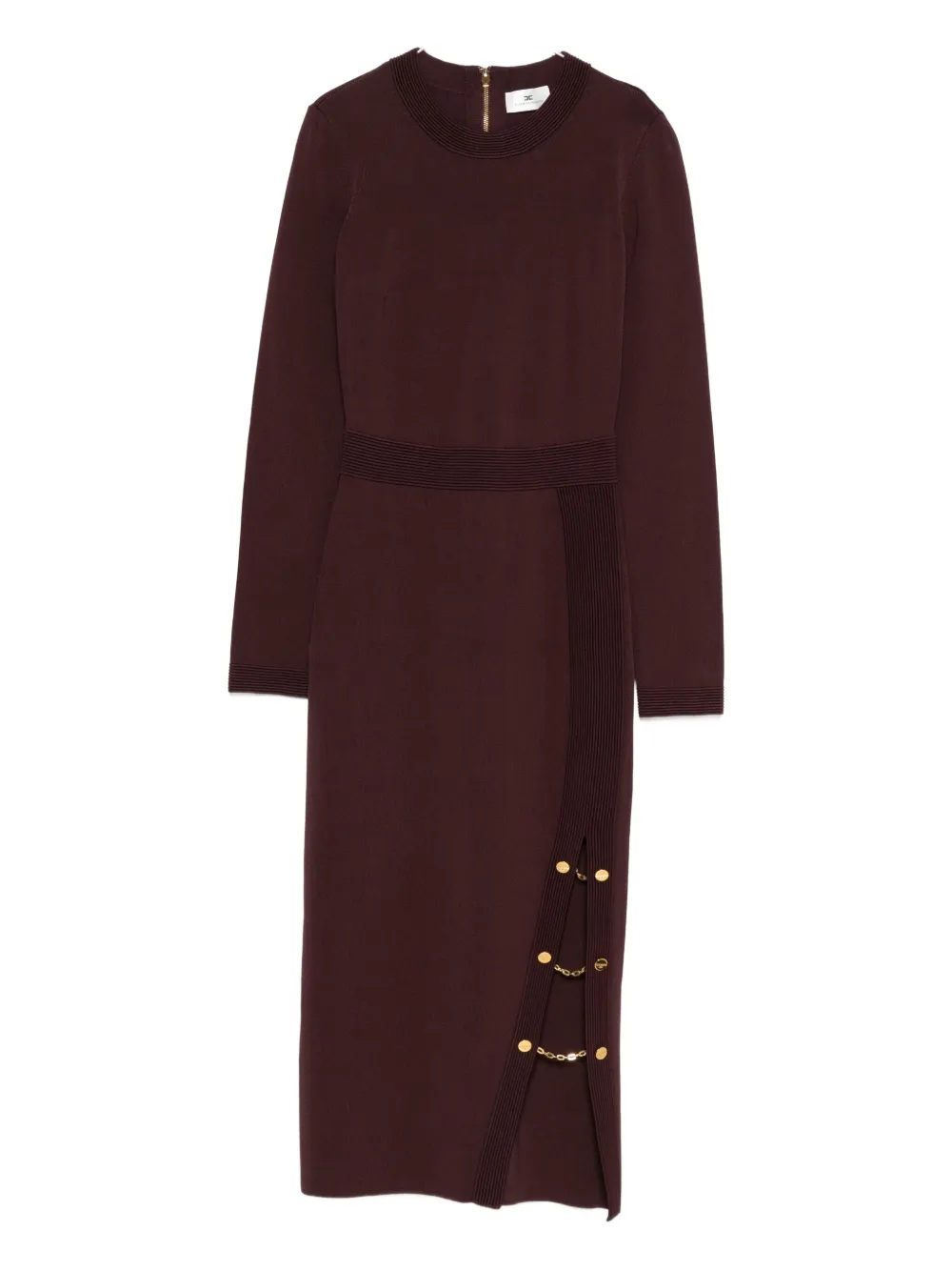 Elisabetta Franchi Knit Dress With Chain And Gold Buttons In Burgundy