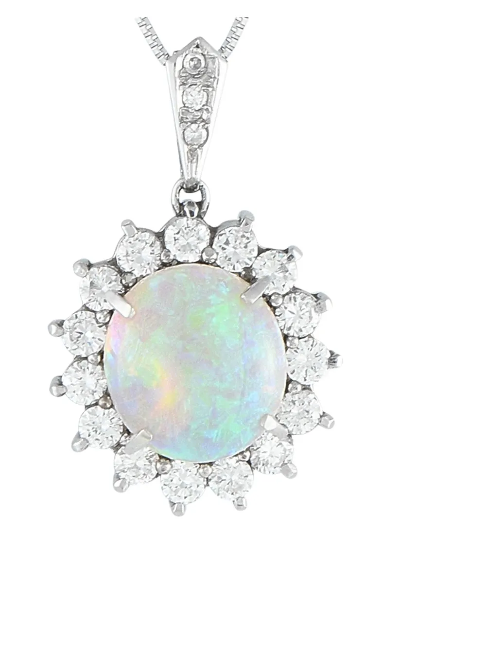 Pre-owned Lb Exclusive Platinum Diamond And Opal Halo Necklace In Silver