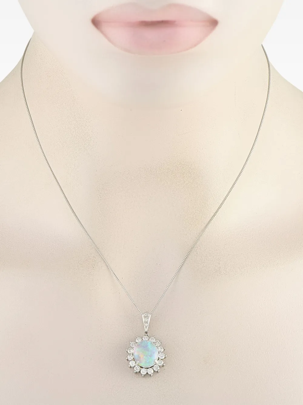 Pre-owned Lb Exclusive Platinum Diamond And Opal Halo Necklace In Silver