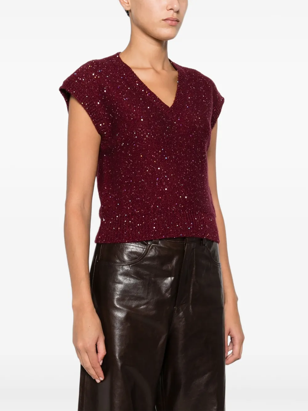 Marella Glitter-embellished V-neck Knitted Top In Red