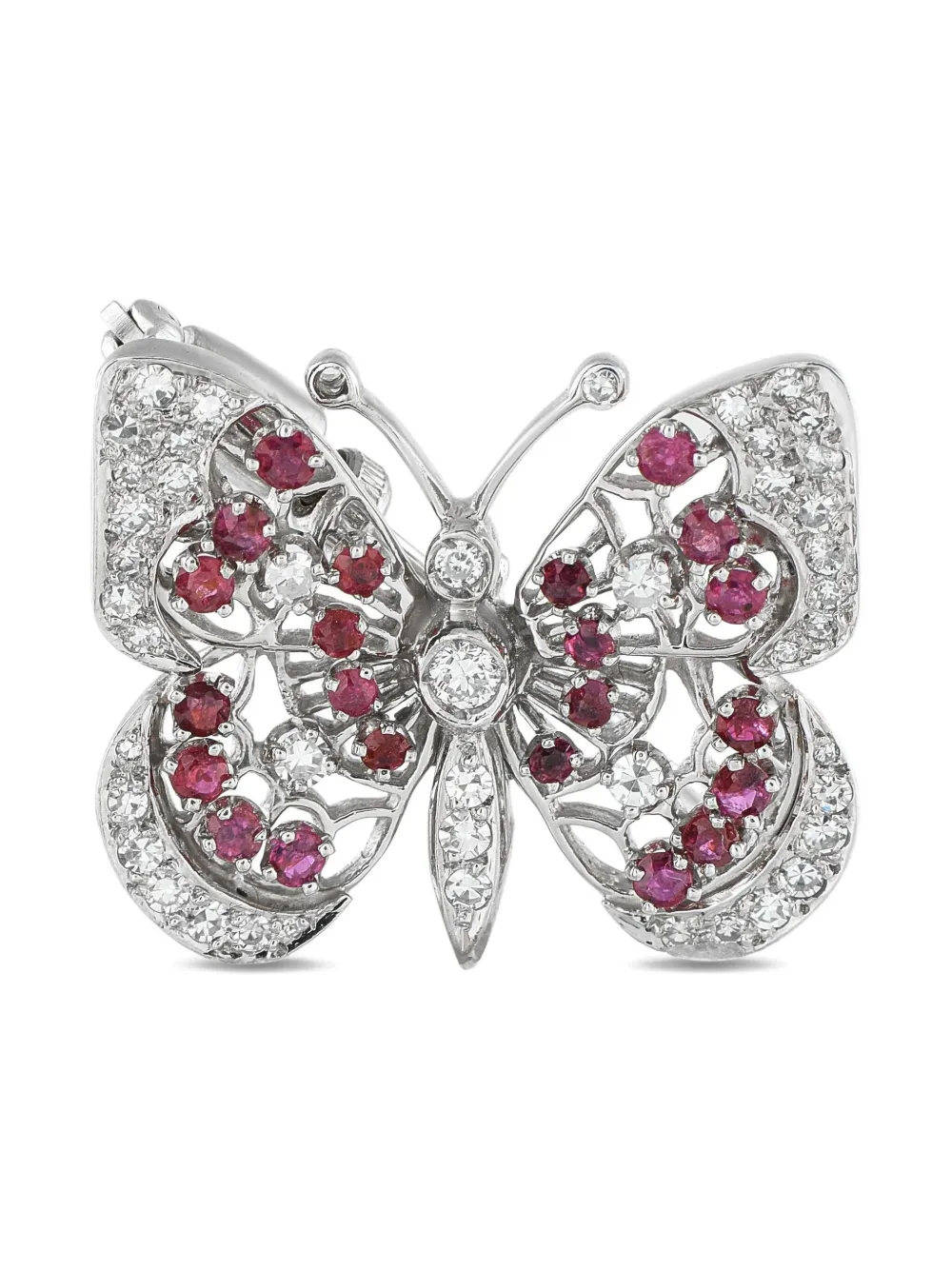 Pre-owned Lb Exclusive 14k White Gold Butterfly Diamond And Ruby Brooch In Silver